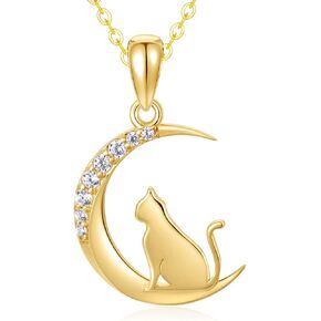 SISGEM 14k Gold Diamond Cat Moon Necklace for Women, Real Gold Pendant and Chain Jewelry for Wife/Girlfriend, Love Gifts for Her, (0.08 ct) 16-18 Inches