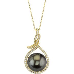 The Pearl Source 18K Gold Round Black Tahitian South Sea Cultured Pearl & Diamond Agnes Pendant Necklace for Women