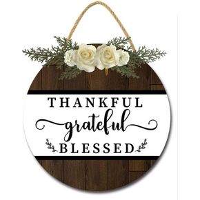 Thankful Grateful Blessed Welcome Signs for Front Door Porch Rustic Wooden Welcome Plaque for Farmhouse Home Kitchen Living Room Decor Thanksgiving Decorations Outdoor Indoor