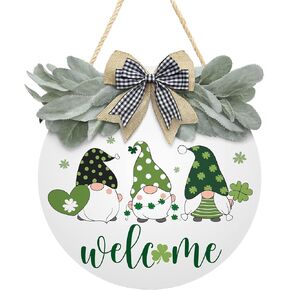 St Patrick's Day Welcome Sign Wreath For Front Door Decor Shamrock Hanging Door Sign Gnomes Pattern With Greenery & Bow Wooden Round St Patricks Day Decoration For The Home Farmhouse Decor 12x12 Inch