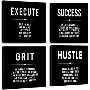 Motivational Grit Success Execute Success Quotes Canvas Wall Art -Inspirational Office Wall Art Poster Quotes - Canvas Artwork Picture Print Framed for Home Bedroom Office Wall Decor-16 x16 x4pcs