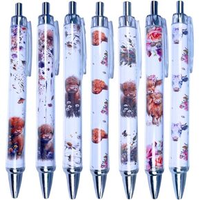 YJ PREMIUMS 7 PC Cow Pens | Cute Highland Cow Print Pens Floral Flower Kawaii Aesthetic White Brown Cows School Office Supplies Stuff Stationary Pencil Accessories Gifts for Women Girls Teen