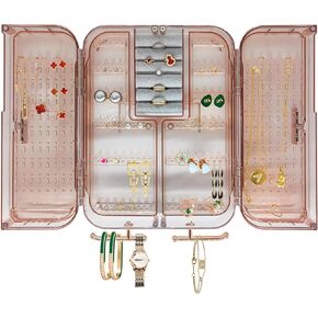 Hanging Jewelry Organizer Box and Storage Case, Wall Mounted Jewelry Cabinet Holder, Necklace Earring Holder Organizer, Clear, No Punching Installation, for Women Teen Girls (Mocha Brown)