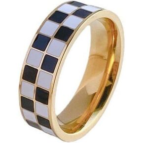 Checkerboard Bands Statement Finger Ring 14K Gold Plated Black White Titanium Steel Ring