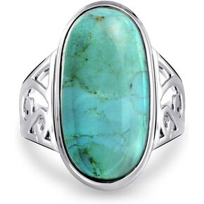 Personalize Southwest Boho Style 7-10 CTW Large Dome Rectangle Oval Gemstone Bezel Set Blue Turquoise Western Statement Ring For Women Filigree Scroll Band .925 Sterling Silver Customizable