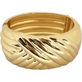 Dainty Twist Stripe Wide Chunky Bangle Bracelets for Women Minimalist Classic 14K Yellow Gold Plated Oval Cuff Wrist Open Bangles Statement Unique Design Fashion Trendy Jewelry Gift