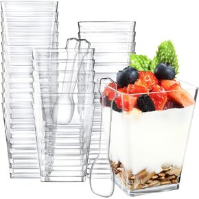 Eupako 125 Pack 5 OZ Plastic Mini Dessert Cups with Spoons - Clear Small Parfait Cups, Square Appetizer Cups for Fruit, Pudding, Mousse, Ice Cream, Party, Wedding, Valentine's Day