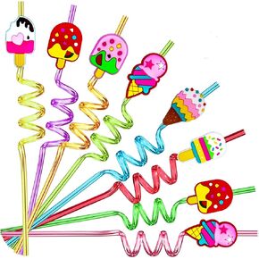 24 Pieces Beach Theme Reusable Shape Straws, Drink Straws Beach Ball Pool Summer Birthday Party Favor Decorations with 2 Cleaning Brushes 8 Color Straws