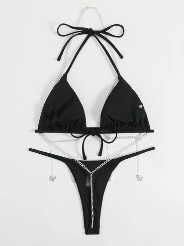 Milumia Women's 2 Piece Chain Linked Halter Triangle Bikini Set Tie Back Backless Thongs Swimsuit in Saudi Arabia