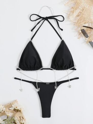 Milumia Women's 2 Piece Chain Linked Halter Triangle Bikini Set Tie Back Backless Thongs Swimsuit in Saudi Arabia