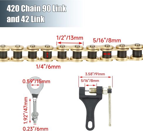 420 Gold Chain for Coleman Mini Bike CT200U CT200U-EX BT200X Baja Warrior Massimo MB200 MB165 Predator 212 196cc 200cc 6.5hp Engine Powersports Parts with 42 and 90 Links 420 Sprocket 10T in Saudi Arabia