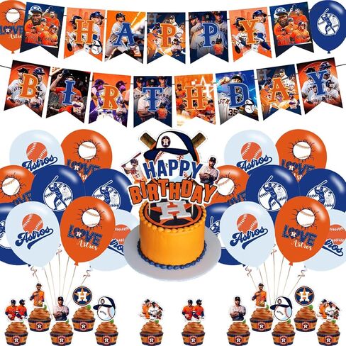 Astros Baseball Party Decorations,Birthday Party Supplies For Baseball Team Party Supplies Includes Banner - Cake Topper - 12 Cupcake Toppers - 18 Balloons in Saudi Arabia
