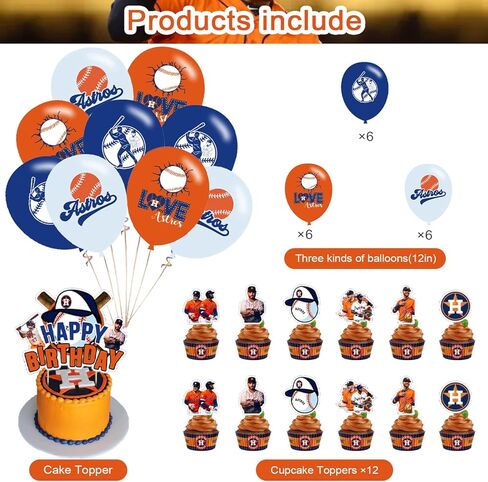 Astros Baseball Party Decorations,Birthday Party Supplies For Baseball Team Party Supplies Includes Banner - Cake Topper - 12 Cupcake Toppers - 18 Balloons in Saudi Arabia