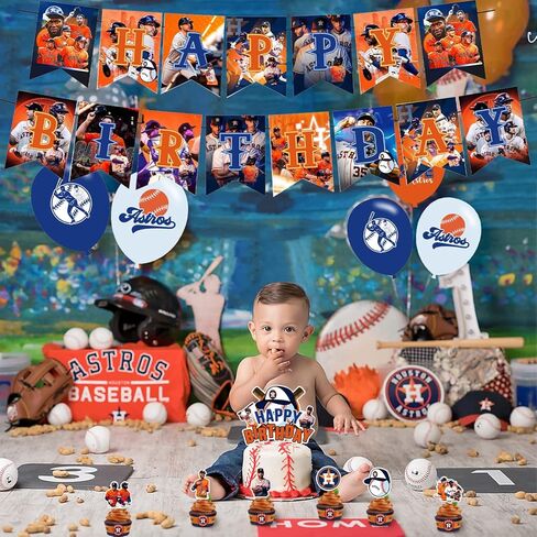 Astros Baseball Party Decorations,Birthday Party Supplies For Baseball Team Party Supplies Includes Banner - Cake Topper - 12 Cupcake Toppers - 18 Balloons in Saudi Arabia