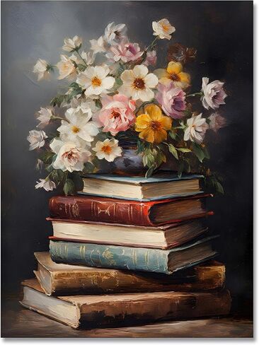 WAYUWGAN Vintage Floral Wall Art Moody Books Still Life Pictures Rustic Antique Art Oil Painting Prints Dark Academia Decor Posters for Room Aesthetic Bedroom Wall Decor 12x16in Unframed in Saudi Arabia
