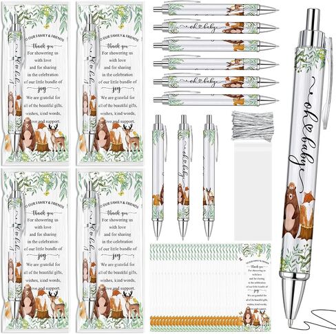 50 Sets Woodland Animals Baby Shower Favors Bulk Includes Ballpoint Pens Thank You Cards Cable Ties Woodland Baby Shower Decorations Gender Reveal for Guest Game Prizes Party Favors in Saudi Arabia