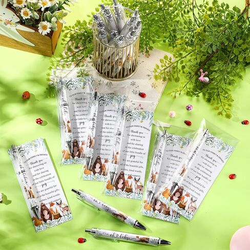 50 Sets Woodland Animals Baby Shower Favors Bulk Includes Ballpoint Pens Thank You Cards Cable Ties Woodland Baby Shower Decorations Gender Reveal for Guest Game Prizes Party Favors in Saudi Arabia