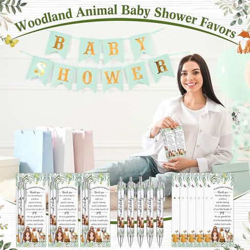 50 Sets Woodland Animals Baby Shower Favors Bulk Includes Ballpoint Pens Thank You Cards Cable Ties Woodland Baby Shower Decorations Gender Reveal for Guest Game Prizes Party Favors in Saudi Arabia