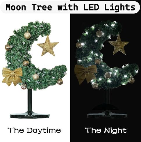 3FT 90 LED ضوء أشجار رمضان، حديقة المنزل، غرفة المعيشة، ديكور العيد، نجمة القمر، شجرة العيد، مصنوعة يدويًا، 900 نصيحة لتزيين رمضان (أخضر 3 أقدام) in Saudi Arabia