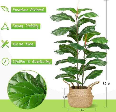 GAOMON Artificial Fiddle Leaf Fig Tree 39 inch, Faux Ficus Lyrata Plant in Pot with Woven Basket, Nearly Natural Artificial Fake Plant for Home Decor Indoor Outdoor Office Perfect Housewarming Gift in Saudi Arabia