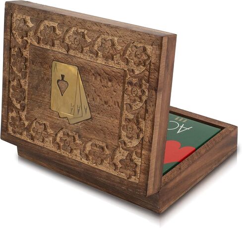 Rustic Birthday Gift Ideas Handcrafted Classic Wooden Playing Card Holder Deck Box Storage Case Organizer With 2 Sets of Premium Quality 'Ace' Playing Cards Anniversary Housewarming Gifts Him Her in Saudi Arabia