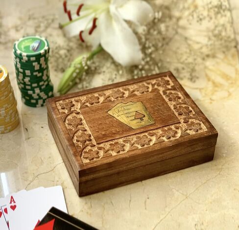 Rustic Birthday Gift Ideas Handcrafted Classic Wooden Playing Card Holder Deck Box Storage Case Organizer With 2 Sets of Premium Quality 'Ace' Playing Cards Anniversary Housewarming Gifts Him Her in Saudi Arabia