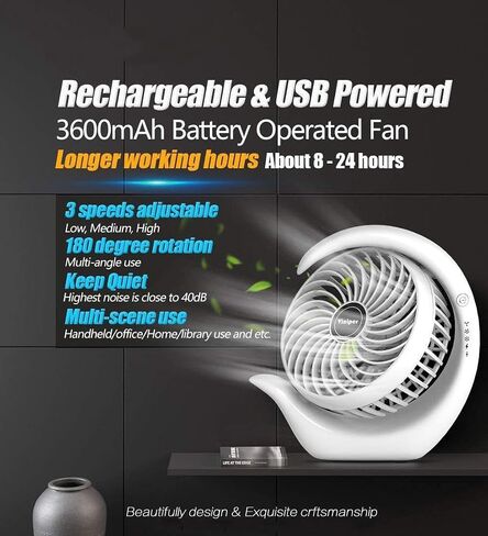 Viniper Portable Rechargeable Fan, Small Desk Fan : 3 Speeds & about 8-24 Hours Longer Working, 180 Rotation, Portable Battery Desktop Fan for Home/Office (Black, Light Black Blade)6.2 inch in Kuwait