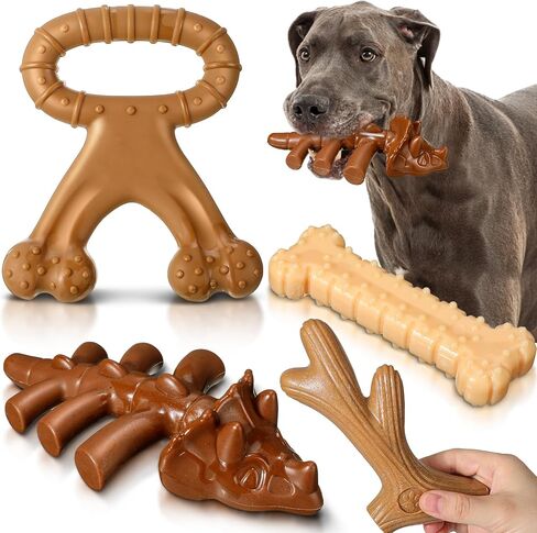 4 Pcs Indestructible Dog Toys for Aggressive Chewers Tough Beef Peanut Flavor Dog Chew Bone for Aggressive Chewers Durable Nylon Textured Chew Bones for Large Dogs Pets Teething, Dog Gift in Saudi Arabia