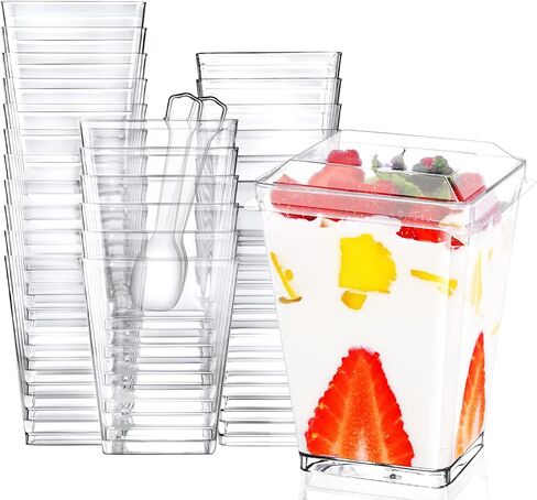 Eupako 125 Pack 5 OZ Plastic Mini Dessert Cups with Spoons - Clear Small Parfait Cups, Square Appetizer Cups for Fruit, Pudding, Mousse, Ice Cream, Party, Wedding, Valentine's Day in Saudi Arabia
