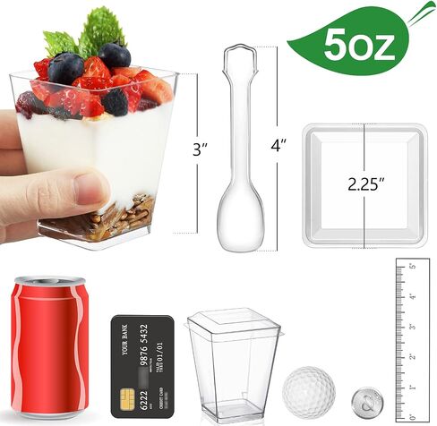 Eupako 125 Pack 5 OZ Plastic Mini Dessert Cups with Spoons - Clear Small Parfait Cups, Square Appetizer Cups for Fruit, Pudding, Mousse, Ice Cream, Party, Wedding, Valentine's Day in Saudi Arabia