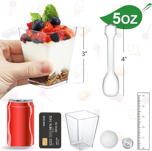 Eupako 125 Pack 5 OZ Plastic Mini Dessert Cups with Spoons - Clear Small Parfait Cups, Square Appetizer Cups for Fruit, Pudding, Mousse, Ice Cream, Party, Wedding, Valentine's Day in Saudi Arabia