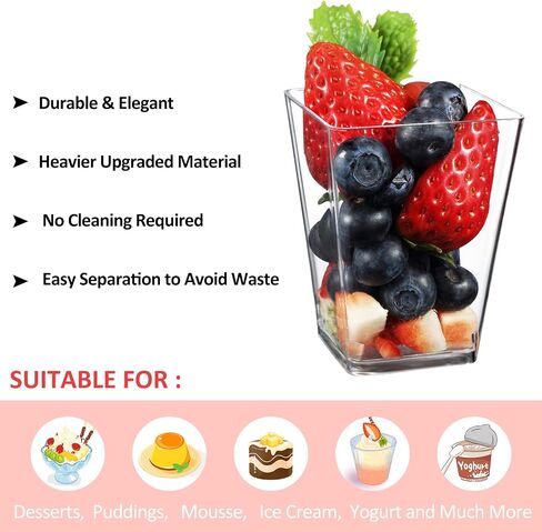 Eupako 125 Pack 5 OZ Plastic Mini Dessert Cups with Spoons - Clear Small Parfait Cups, Square Appetizer Cups for Fruit, Pudding, Mousse, Ice Cream, Party, Wedding, Valentine's Day in Saudi Arabia