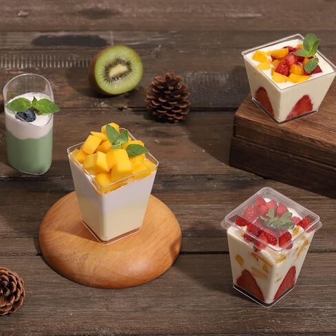 Eupako 125 Pack 5 OZ Plastic Mini Dessert Cups with Spoons - Clear Small Parfait Cups, Square Appetizer Cups for Fruit, Pudding, Mousse, Ice Cream, Party, Wedding, Valentine's Day in Saudi Arabia