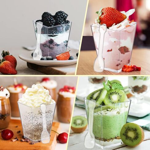 Eupako 125 Pack 5 OZ Plastic Mini Dessert Cups with Spoons - Clear Small Parfait Cups, Square Appetizer Cups for Fruit, Pudding, Mousse, Ice Cream, Party, Wedding, Valentine's Day in Saudi Arabia
