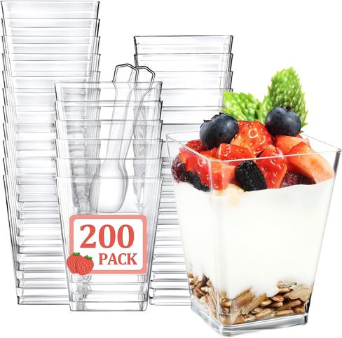 Eupako 125 Pack 5 OZ Plastic Mini Dessert Cups with Spoons - Clear Small Parfait Cups, Square Appetizer Cups for Fruit, Pudding, Mousse, Ice Cream, Party, Wedding, Valentine's Day in Saudi Arabia