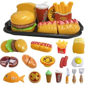 Play Food Toy Set for Kids Kitchen, Pretend Removable Fast Food Playset Cutting Toy with Hamburger ＆ French Fries Combo, Role Play Educational Kitchen Toy for Boys or Girls