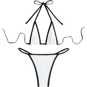 SweatyRocks Women's 2 Piece Bikini Set Contrast Binding Halter Triangle Bathing Suit