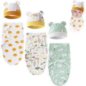 3 Sets Baby Swaddle Sleep Sack with Hat Set, Soft Baby Swaddling Blankets Cute Baby Swaddling Blankets for 0-3 Months