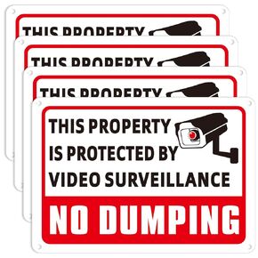 4 Pcs No Dumping Signs Private Property 10 x 7 Inch Reflective Aluminum No Dumping Video Surveillance Sign UV Protected and Weatherproof for Indoor or Outdoor Use, Red, Black and White