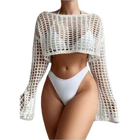 Women's Long Sleeve Crochet Cover Up Knitted Hollow Out Cropped Swimsuit Cover Ups Tops