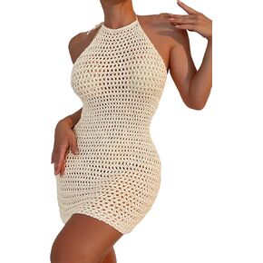 Women's Solid Boho Tie Backless Halter Sleeveless Hollow Out Crochet Cover Up Bodycon Dress for Beach Swimsuit Bikini