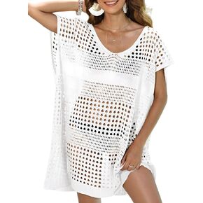 Crochet Cover Ups for Swimwear Women Sexy Hollow Out V-Neck Bathing Suit Cover Ups Dress Beach Bikini Cover-up Tops