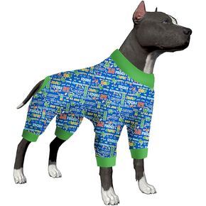 LovinPet Big Dogs Pajamas Bodysuit - Dog Onesie with UV Protection & Anxiety Calming Shirt,Pitbull Dog Clothes,Cotton Lightweight Jumping Frogs Print,Dog Surgery Recovery Pajamas for Large Dog,Medium