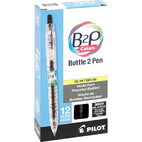 PILOT B2P Colors - Bottle to Pen Refillable & Retractable Rolling Ball Gel Pen Made From Recycled Bottles, Fine Point, Black G2 Ink/Clear Barrel, 12-Pack (36629)