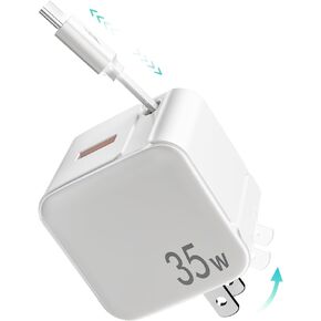 Retractable Wall Charger,35W PD Fast USB Charger Block with Retractable Type-C Cable,Portable Charger Adapter with Foldable Plug for iPhone 15,Galaxy,Pixel,and Multiple Devices