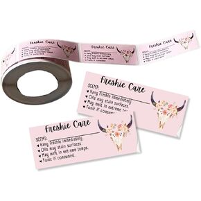 Freshie Care Instruction Card Sticker with Line to Write in Scent | 350 pc roll | Light Pink Bull Skull Fringe Warning Labels Customer Package 1x2.5"