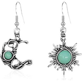 Boho Opal Sun and Moon Drop Dangle Earrings Moonstone Natural Stone Hook Bohemian for Women Girls Asymmetrical Antiqued Silver Celestial Jewelry