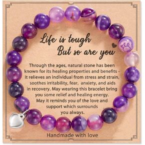 Life is Tough But So are You Inspirational Bracelet,Purple Natural Stone Bracelets,Heart Pendant Ethnic Amethyst Anniversary Birthday Gift Card Jewelry for Women Girls