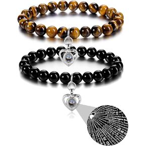Jovivi I Love You 100 Languages Matching Bracelets Heart Couples Bracelets Healing Crystal Amethyst Black Obsidian Bracelet Anniversary Valentines' Day Birthday Gifts Jewelry for GF BF