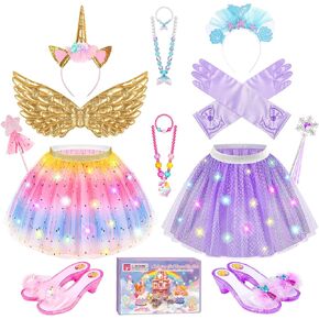 Jeowoqao Girls Dress Up with LED Light, Princess Dress Pretend Play Costumes, Toddler Girls Dress up Set Tutu Skirts, Wings, Princess Shoes Toys Gift for Girls 3 4 5 6 Years